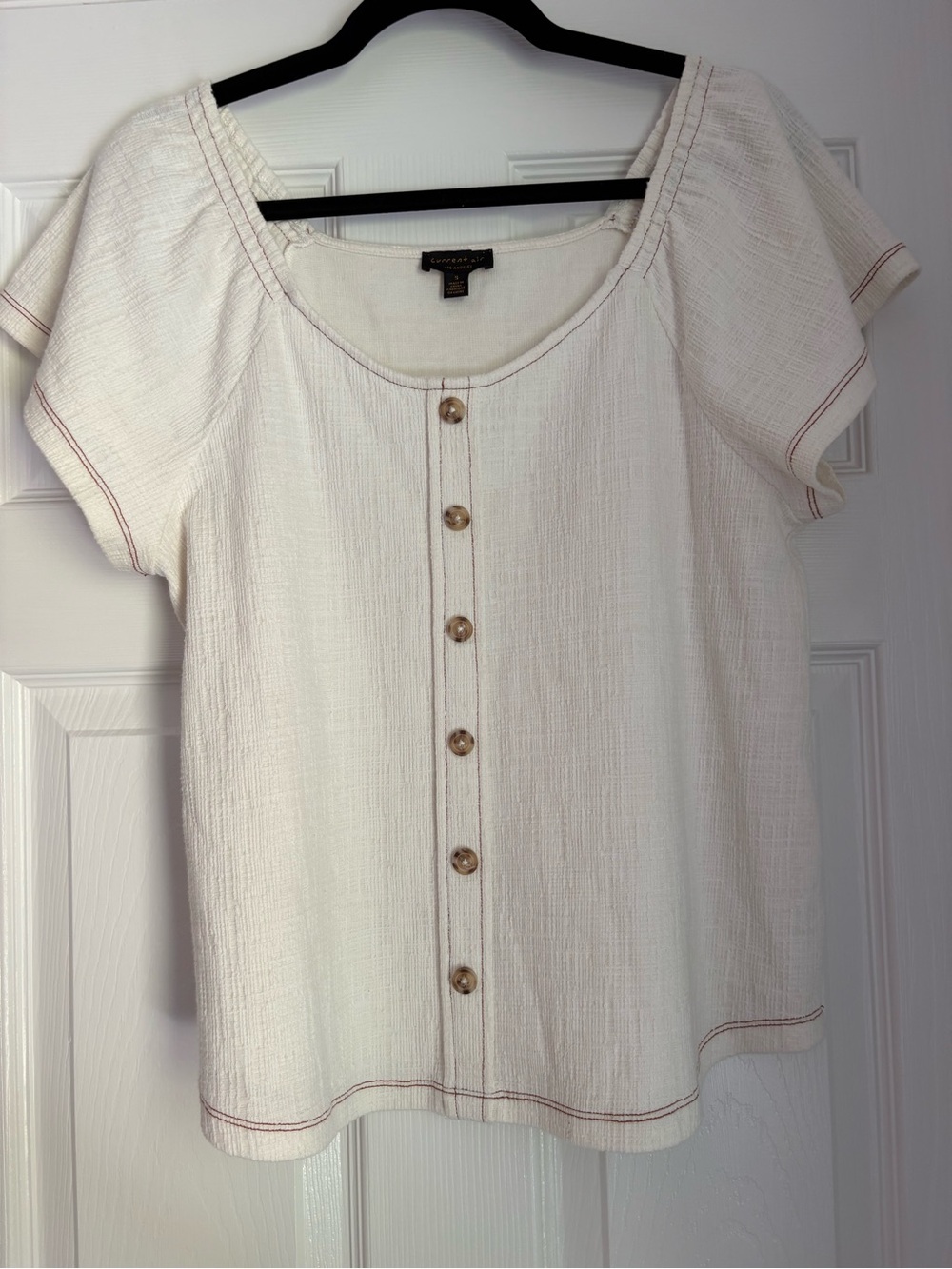 Current Air LA Cream Button-Front Short Sleeve Top with Contrast Stitch